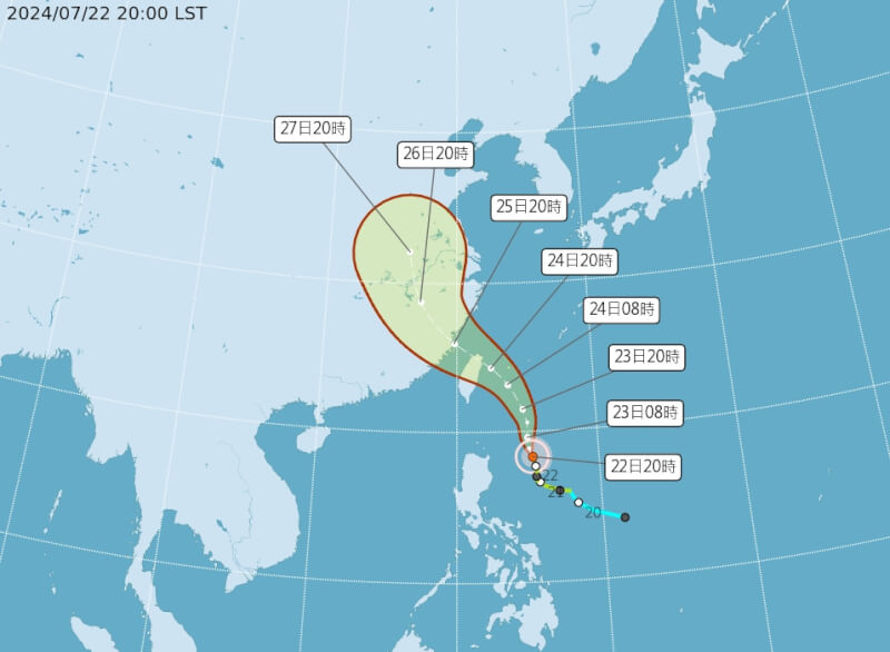 圖為22日下午14時颱風凱米路徑潛勢預測圖。(圖取自中央氣象署網頁cwa.gov.tw)