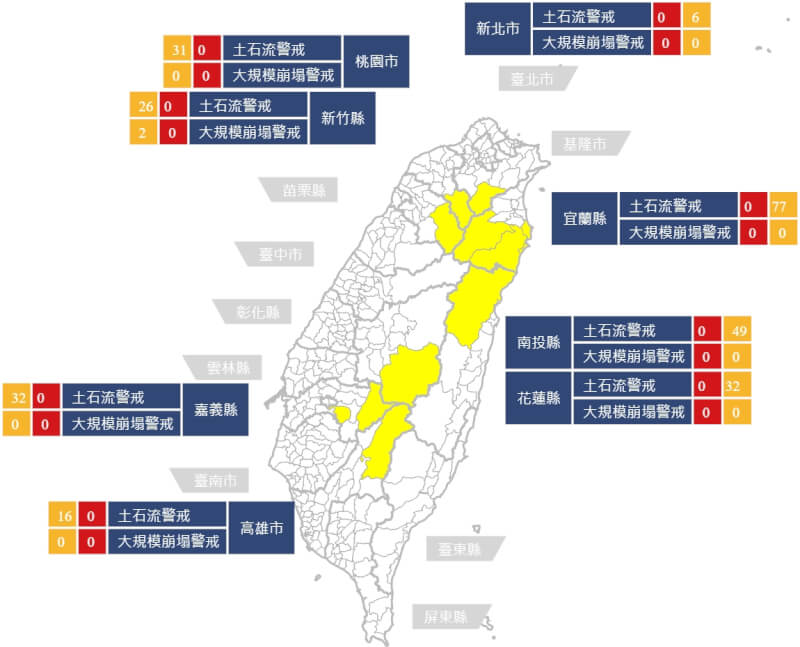 農業部農村水保署24日發布土石流黃色警戒269條，分布新竹、宜蘭、花蓮等8縣市11鄉87村，大規模崩塌黃色警戒2處則在新竹縣尖石鄉。（圖取自土石流緊急應變網頁246.ardswc.gov.tw）