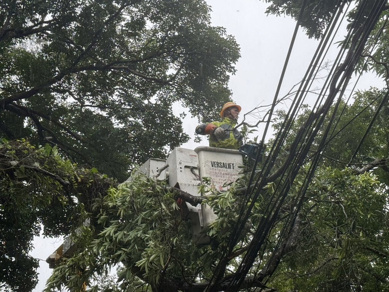 台電新竹區營業處25日表示，颱風「凱米」造成新竹縣橫山鄉、尖石鄉、五峰鄉及竹東鎮多處停電，目前有1700多戶未復電，台電人員持續搶修中。（台電新竹區營業處提供）中央社記者郭宣彣傳真  113年7月25日