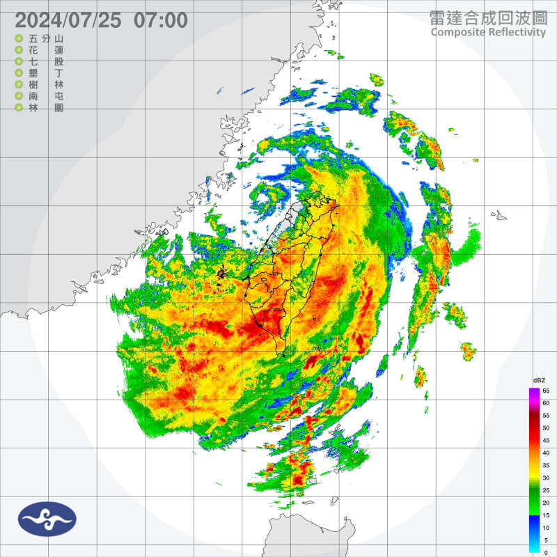 中央氣象署表示，颱風凱米已經減弱為中度颱風，25日清晨4時20分左右中心從桃園新屋出海，中南部降雨仍要特別留意。圖為25日早上7時雷達回波圖。（圖取自氣象署網頁cwa.gov.tw）