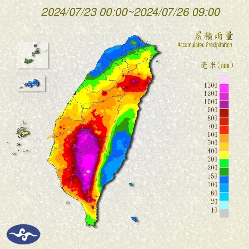 圖為23日至26日早上9時全台雨量累積圖。（圖取自氣象署網頁cwa.gov.tw）