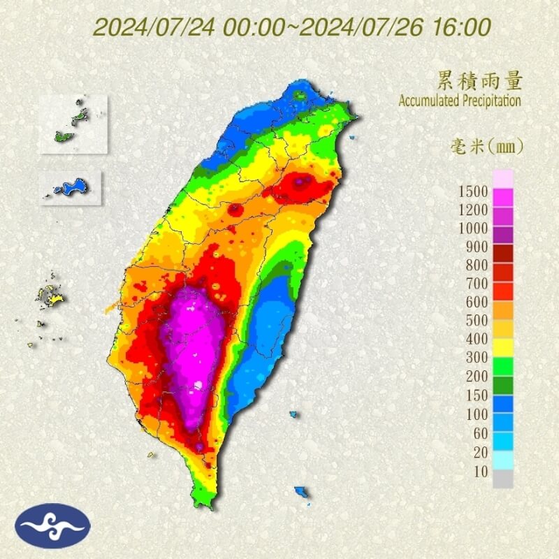 圖為24日至26日下午4時全台雨量累積圖。（圖取自中央氣象署網頁cwa.gov.tw）