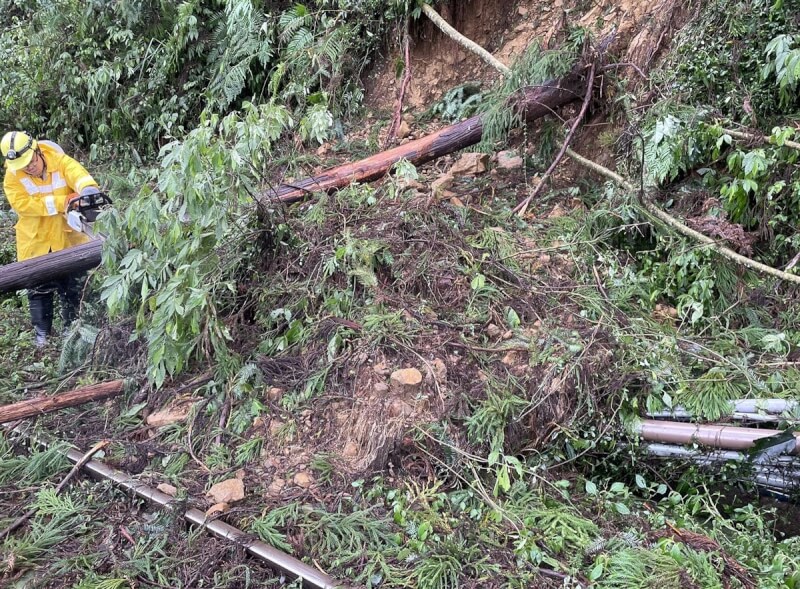 凱米颱風強風豪雨，造成阿里山林業鐵路邊坡土石崩落及倒樹至少89處，林鐵本線嘉義至阿里山路段，將持續停駛至8月底。（阿里山林鐵及文資處提供）中央社記者黃國芳傳真 113年7月27日