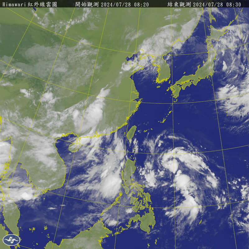 氣象專家吳德榮表示，29、30日可能有熱帶擾動或熱帶低壓水氣影響，帶來局部陣雨及短暫雷雨。圖為台灣周邊衛星雲圖。（圖取自氣象署網頁cwa.gov.tw）