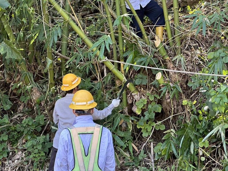 颱風凱米重創高雄，那瑪夏區最主要聯外道路台29線路斷，狂風暴雨也沖斷電桿，台電調派人力前進那瑪夏搶修，29日下午復電逾9成。圖為維修人員以人力鋸斷樹竹，移除障礙物。（台電提供）中央社記者林巧璉傳真  113年7月30日