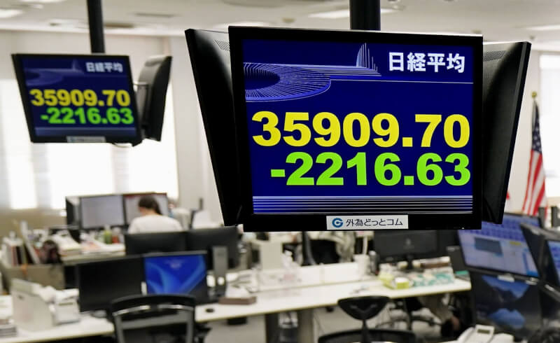 日經225指數2日大跌5.8%，收在35909.70點，創下4年來最大單日跌幅。（共同社）