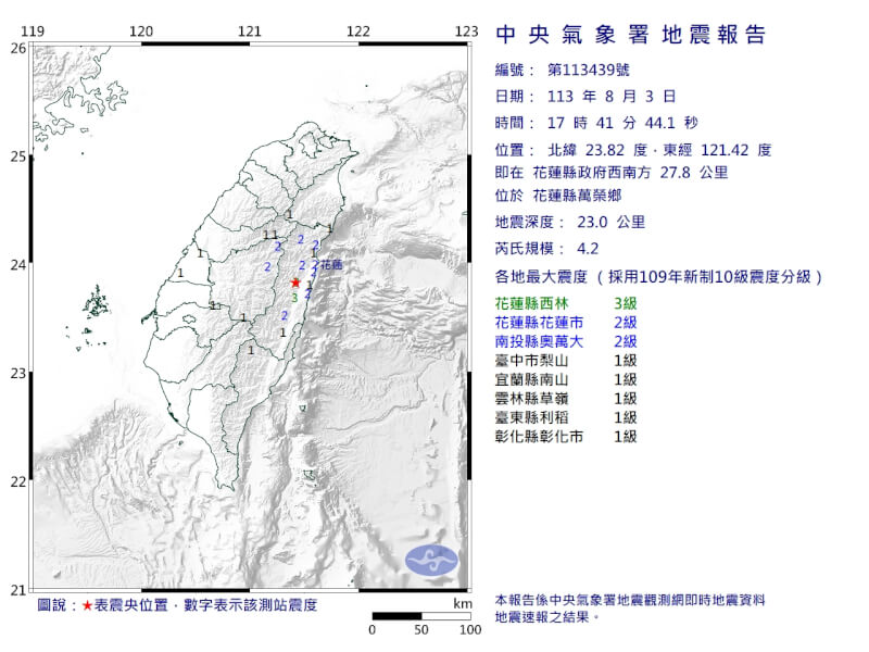 花蓮縣萬榮鄉3日下午5時41分發生芮氏規模4.2地震。（圖取自中央氣象署網頁cwa.gov.tw）