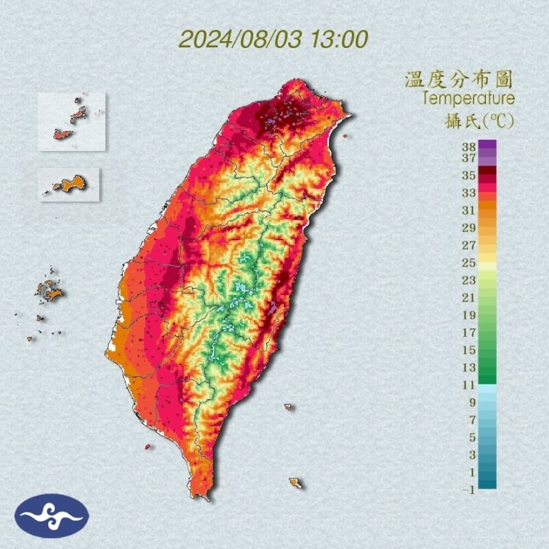 全台3日下午1時溫度分布圖。（圖取自氣象署網頁cwa.gov.tw）