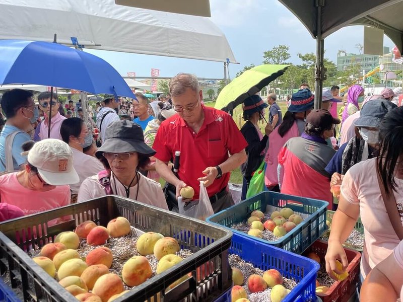 台中市農業局3、4日在太平區馬卡龍公園舉辦「桃界愛馬仕、精品蜜桃in梨山」活動，1棵水蜜桃只要新台幣10元，限量300顆。（台中市農業局提供）中央社記者趙麗妍傳真  113年8月4日