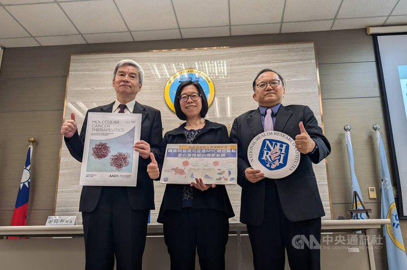 國家衛生研究院生技與藥物研究所研究員紀雅惠(中)、院長司徒惠康(左)、生技與藥物研究所長謝興邦(右)5日共同發表癌症候選發展藥物DBPR728小分子口服激酶抑制劑,說明研究成果。中央社記者曾以寧攝 113年8月5日