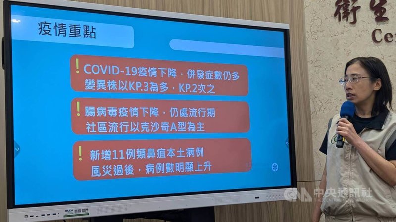 衛福部疾管署疫情中心副主任李佳琳（圖）6日在疫報記者會表示，7月30日至8月5日新增446例COVID-19本土確定病例（併發症），較前週下降約23%。中央社記者曾以寧攝  113年8月6日