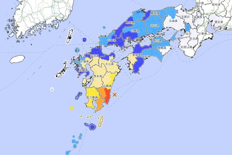 日本8日下午4時43分（台灣下午3時43分）左右九州外海發生規模7.1地震。（圖取自日本氣象廳網頁jma.go.jp）