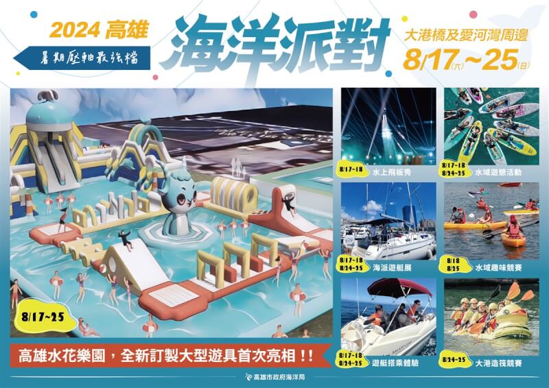 「2024高雄海洋派對」17日至25日登場，活動包含陸域親水大型遊具、水舞裝置、舞台表演，以及遊艇展覽、船艇體驗等設施。（高雄海洋局提供）中央社記者黃郁菁傳真 113年8月8日