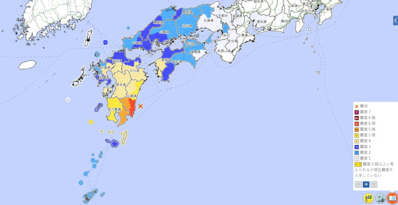 日本8日下午4時43分（台灣下午3時43分）左右九州外海發生規模7.1地震。（圖取自日本氣象廳網頁jma.go.jp）