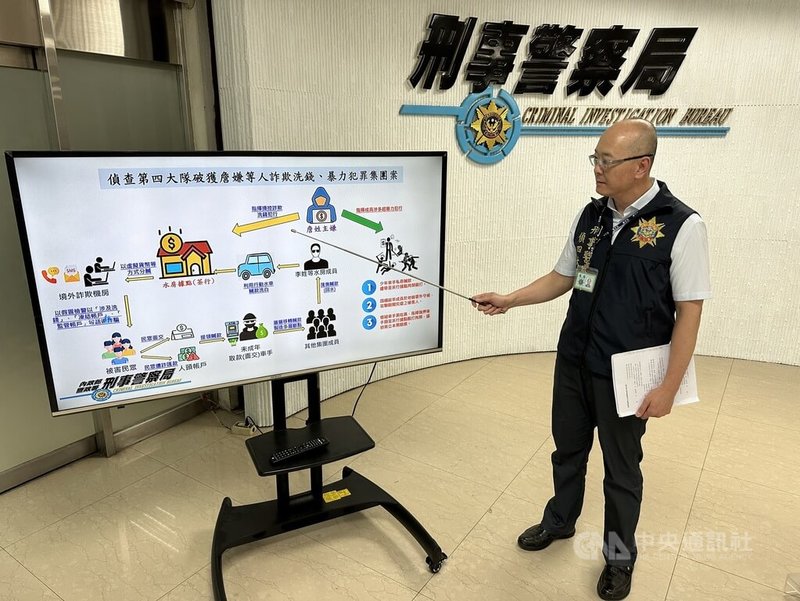 天道盟詹姓男子與詐騙集團合作,以桃園某茶行當車手水房據點,特意吸收未成年人擔任車手,經專案小組掌握情資,循線逮捕詹男等14人送辦。圖為刑事局9日舉行記者會,警方說明犯罪手法,中央社記者劉建邦攝 113年8月9日