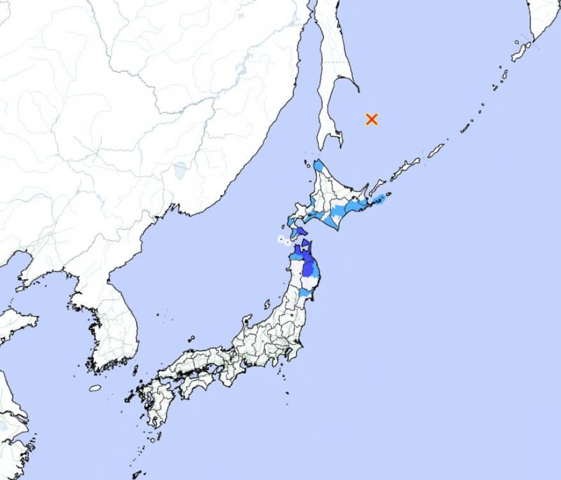 日本北海道、青森縣及岩手縣10日中午12時29分發生最大震度3級地震，日本氣象廳推估規模6.8。（圖取自日本氣象廳網頁jma.go.jp）