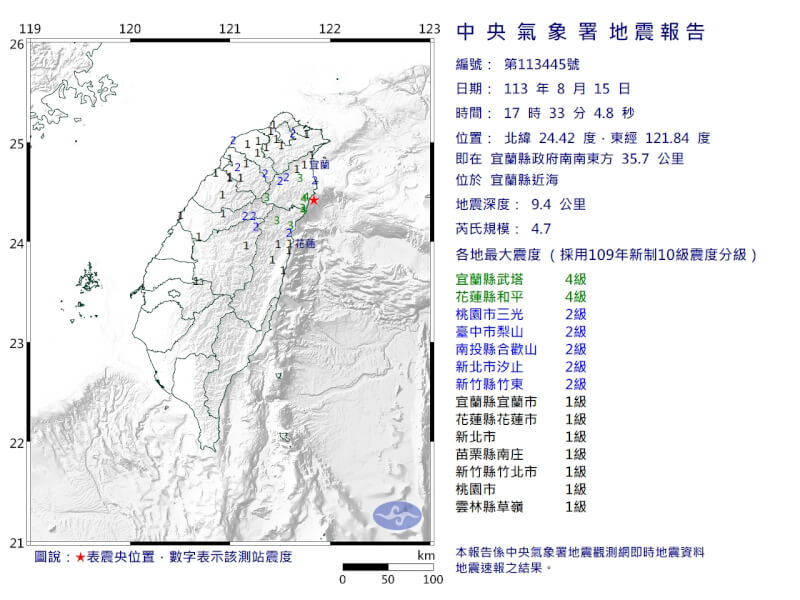 宜蘭近海15日下午5時33分發生規模4.7地震。（圖取自氣象署網頁cwa.gov.tw）