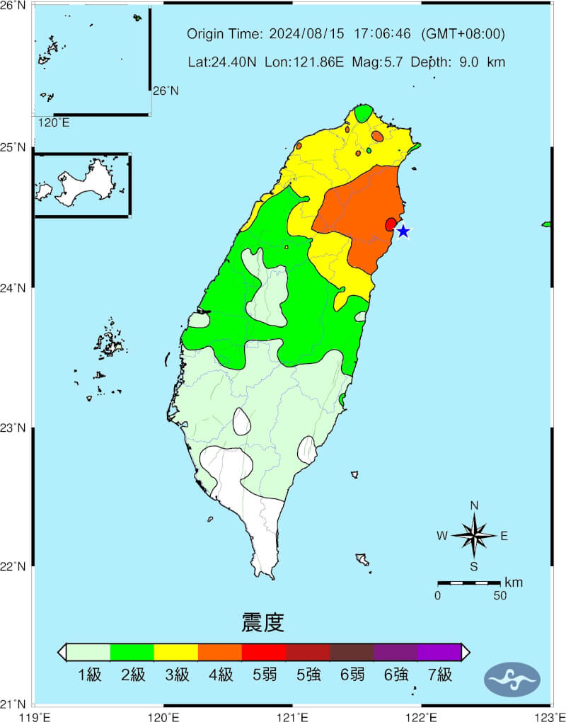 宜蘭近海15日下午5時6分發生規模5.7地震，最大震度宜蘭武塔、南澳5弱。（圖取自氣象署網頁cwa.gov.tw）