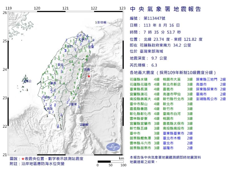 16日7時35分發生芮氏規模6.3地震。（圖取自中央氣象署網站cwa.gov.tw）