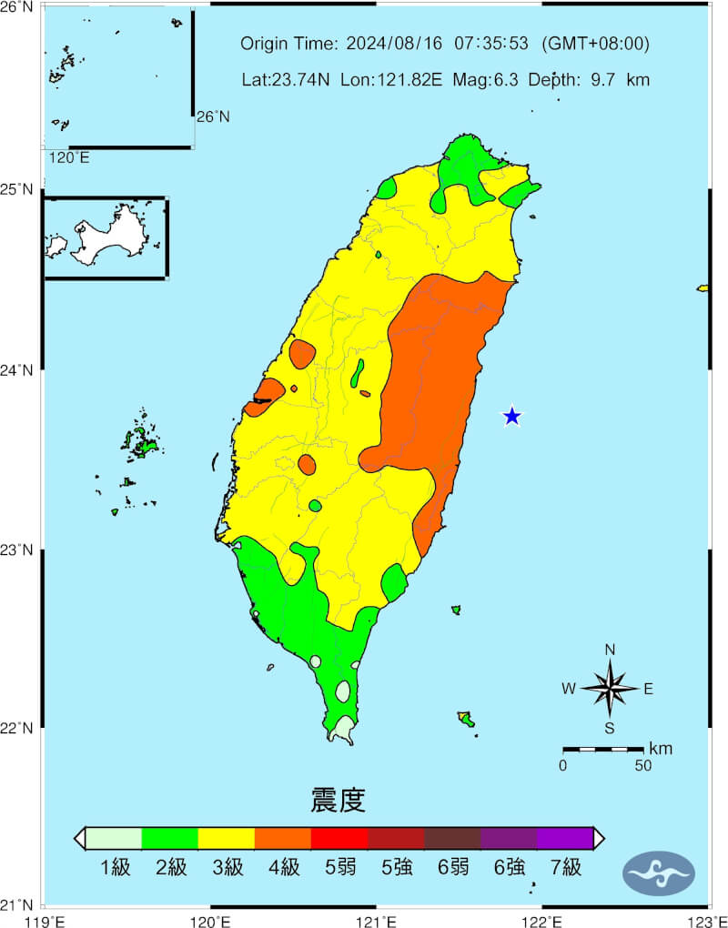 16日上午花蓮外海發生規模6.3地震，各地最大震度為4級。（圖取自中央氣象署網頁cwa.gov.tw）