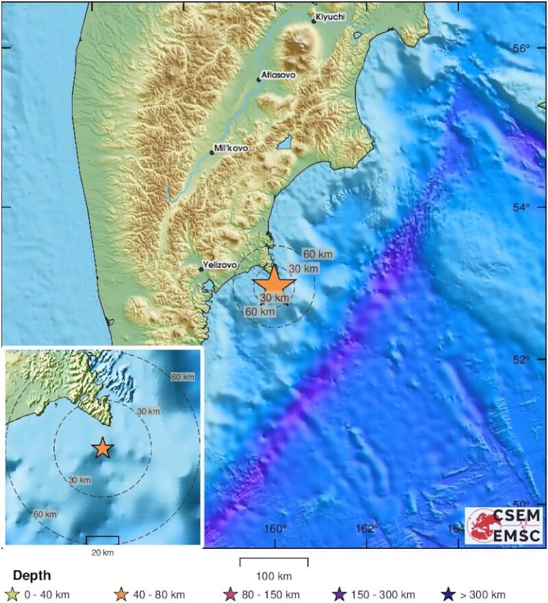 歐洲地中海地震中心表示，俄羅斯最東邊的堪察加半島東部外海在當地時間18日清晨7時剛過不久發生芮氏規模7.2地震。（圖取自x.com/LastQuake）