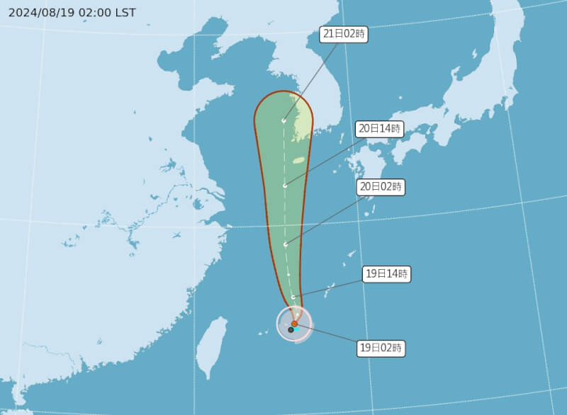 颱風雲雀19日凌晨2時生成，將朝韓國移動。（圖取自中央氣象署網頁cwa.gov.tw）