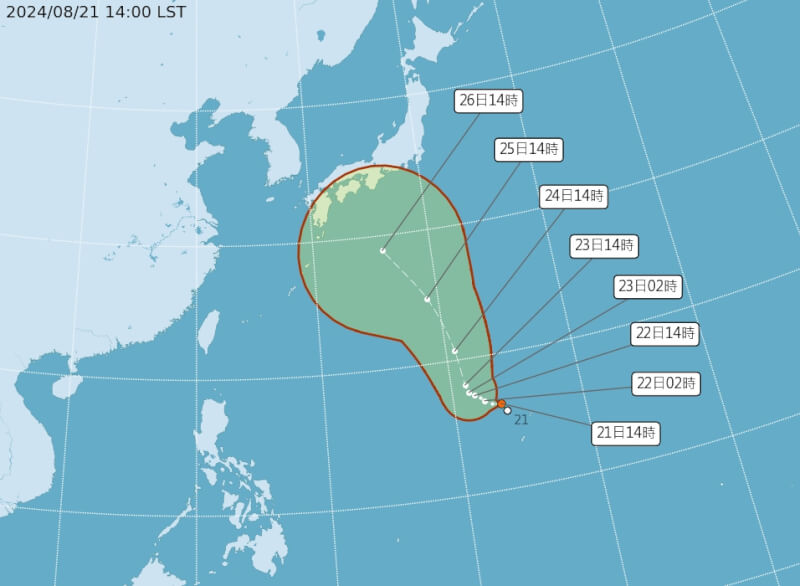 氣象署表示，位於關島附近熱帶低壓最快22日晚間有機會增強為今年第10號颱風珊珊。（圖取自中央氣象署網頁cwa.gov.tw）