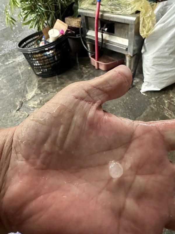 台中地區24日午後降下大雨，中央氣象署並發出大雷雨災防告警，其中在太平地區還出現冰雹，有民眾將冰雹拿在手中拍照。（里長張雅芳提供）中央社記者蘇木春傳真 113年8月24日