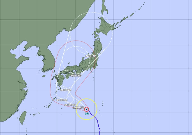 颱風珊珊可能在28日登陸日本。（圖取自日本氣象廳網頁data.jma.go.jp）