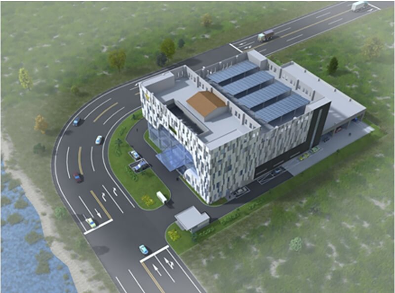 屏東科學園區首家進駐廠商,宇晨材料股份有限公司25日舉行國際營運總部暨廠辦大樓動土典禮,屏東縣政府城鄉發展處表示,宇晨材料未來將投資新台幣5億元,預計2026年完工進駐。此為完工示意圖。(屏東縣政府城鄉發展處提供)中央社記者黃郁菁傳真 113年8月25日