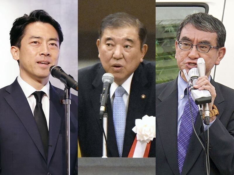 前環境大臣小泉進次郎（左起）、自民黨前幹事長石破茂，及數位大臣河野太郎有意參選自民黨總裁選舉。（共同社）