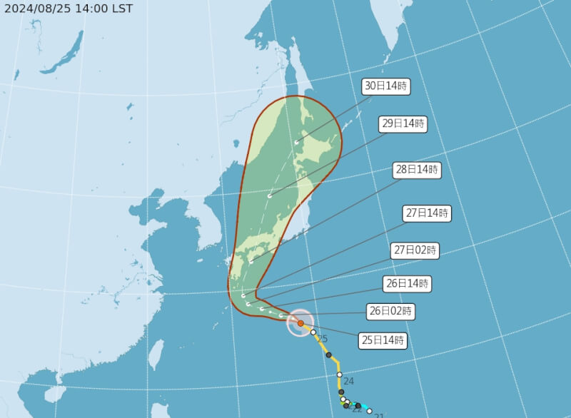 颱風珊珊路徑預測圖。(圖取自氣象署網頁cwa.gov.tw)