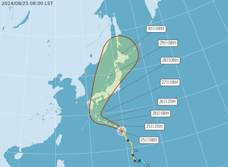 颱風珊珊正朝日本行進，根據日本氣象廳目前預測可能在8月28日登陸四國地方，一路由南往北侵襲日本各地。（圖取自氣象署網頁cwa.gov.tw）