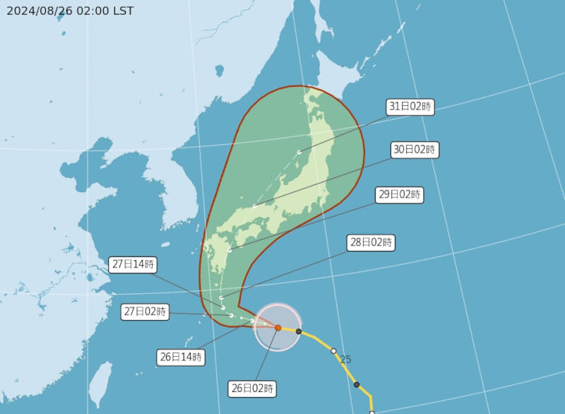 氣象專家吳德榮26日表示，中颱珊珊強度於明天達最強，28、29日漸弱；珊珊28日起可能會有2次或3次登陸日本。（圖取自中央氣象署網頁cwa.gov.tw）