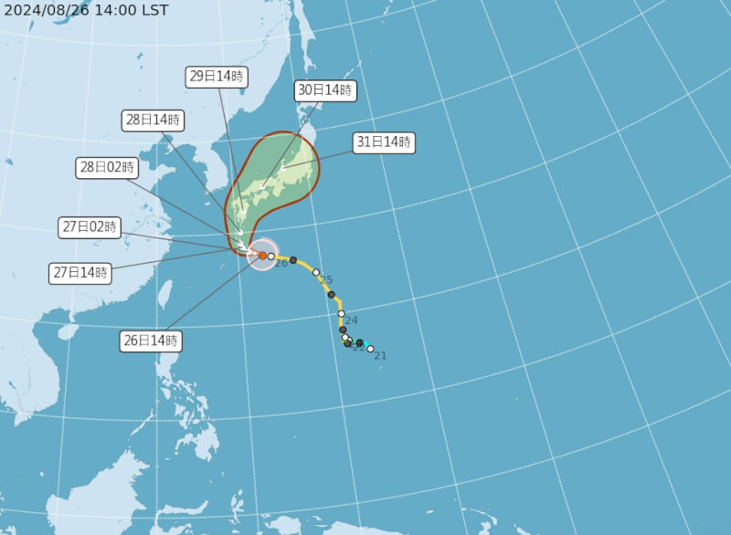 氣象署26日表示，中颱珊珊最快28日晚間有機會登陸日本九州。（圖取自氣象署網頁cwa.gov.tw）