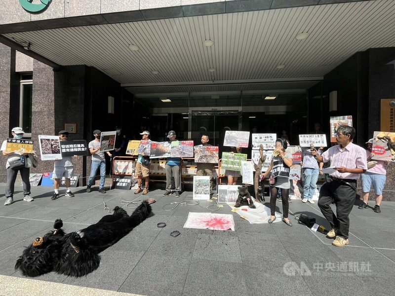 台灣動物共生聯盟27日在農業部林業及自然保育署大門前舉行記者會，質疑林業署20日獲報第7隻黑熊死亡，竟將喪事當喜事辦，現場演出行動劇，訴求禁用改良式獵具。中央社記者楊淑閔攝  113年8月27日