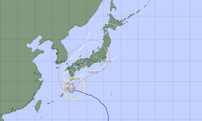 圖為颱風珊珊27日中午12時路徑潛勢預測圖。（圖取自日本氣象廳網頁data.jma.go.jp）