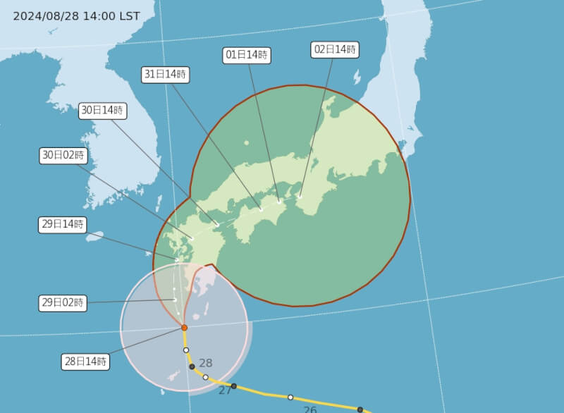 氣象署表示，中颱珊珊29日將登陸日本九州。（圖取自氣象署網頁cwa.gov.tw）