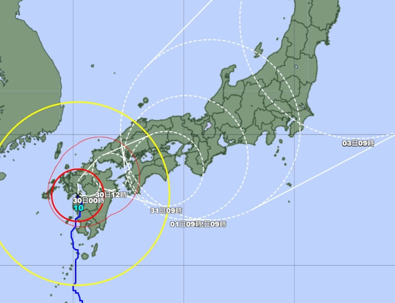 圖為29日下午2時颱風珊珊路徑潛勢預測圖。（圖取自日本氣象廳網頁data.jma.go.jp）