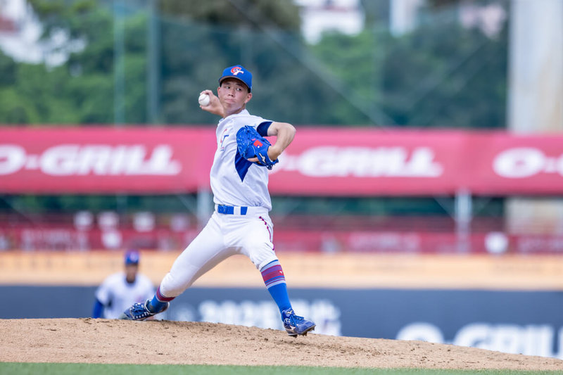 U18亞洲青棒錦標賽台灣隊哀宥宇（圖）為先發投手人選之一，29日在練習賽先發登板投2.2局，被敲4支安打無失分，不過比賽打到3局上後就因雨取消。（中華民國棒球協會提供）中央社記者楊啟芳傳真  113年8月29日