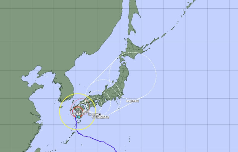 圖為颱風珊珊路徑潛勢預測圖。（圖取自日本氣象廳網頁data.jma.go.jp）