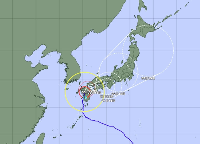 圖為29日下午6時颱風珊珊路徑潛勢預測圖。(圖取自日本氣象廳網頁data.jma.go.jp)