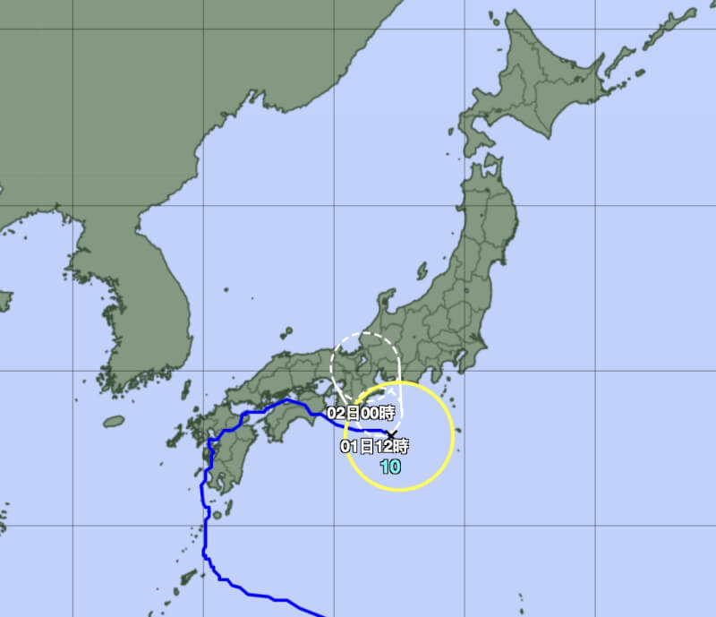圖為颱風珊珊路徑潛勢預測圖。(圖取自日本氣象廳jma.go.jp)
