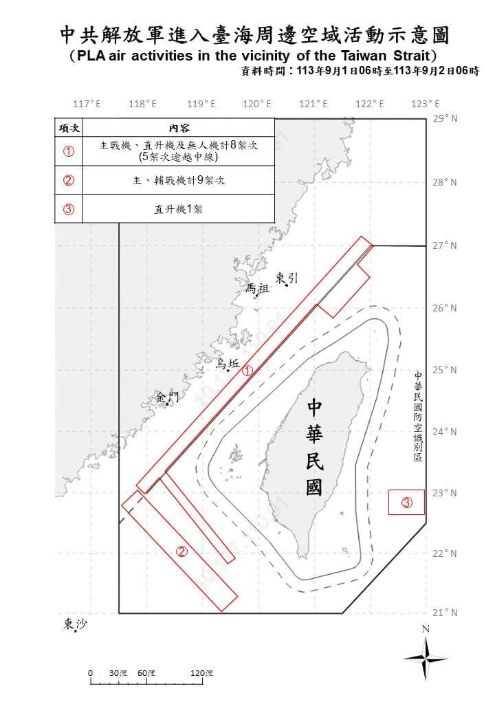 國防部公布的共機航跡圖除延續顯示侵擾區域外，新增經緯度、比例尺，讓圖示更為精確。（圖取自國防部網頁mnd.gov.tw）