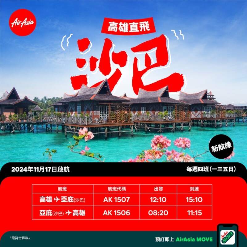 亞洲低成本航空AirAsia於5日宣布，將飛台灣第12條航線，11月17日起，開航高雄-沙巴，每週4班。（AirAsia提供）中央社記者汪淑芬傳真 113年9月5日