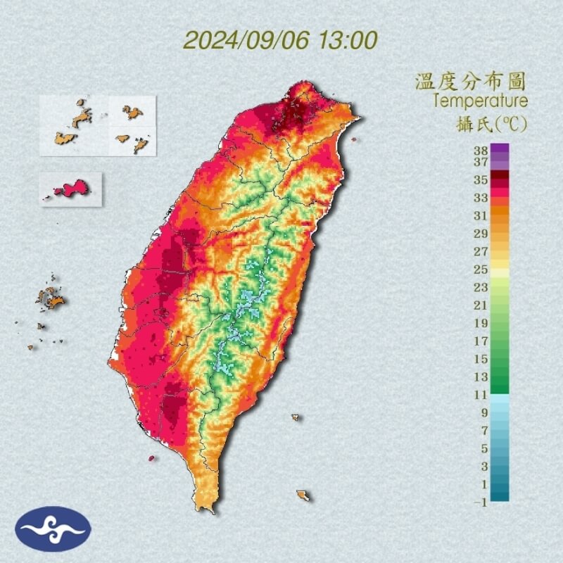 圖為6日下午1時溫度分布圖。（圖取自氣象署網頁cwa.gov.tw）