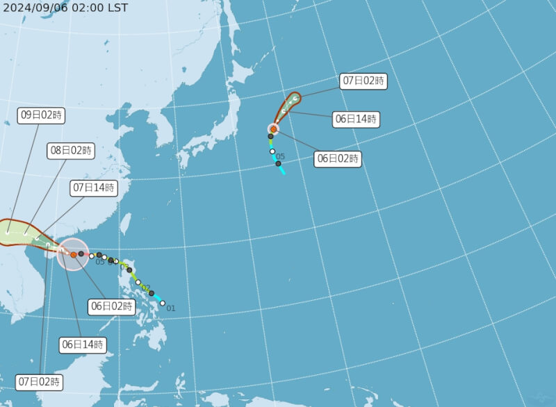 6日台灣附近海面有2個颱風摩羯（左）、麗琵（右），不會影響台灣。（圖取自氣象署網頁cwa.gov.tw）