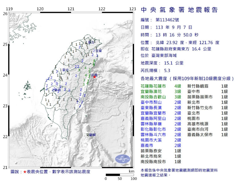 7日下午1時16分花蓮外海發生規模5.3地震。（圖取自中央氣象署網頁cwa.gov.tw）