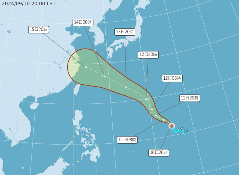 中央氣象署10日晚間表示，原位於關島東南方的熱帶性低氣壓升格為輕颱貝碧佳。（圖取自氣象署網頁cwa.gov.tw）