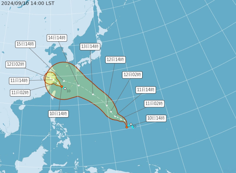 熱帶低壓TD14（右）、TD15（左）有機會增強為颱風貝碧佳、葡萄桑。（圖取自氣象署網頁cwa.gov.tw）